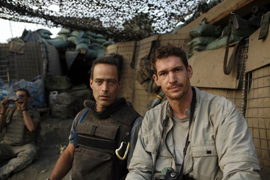 RESTREPO film directors Sebastian Junger (left) and Tim Hetherington (right) at the Restrepo outpost in the Korengal Valley, Afghanistan.
