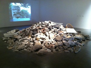 Rubble of the Museo Nacional, and Coatlinchan monument video, Kurimanzutto Gallery, Mexico City