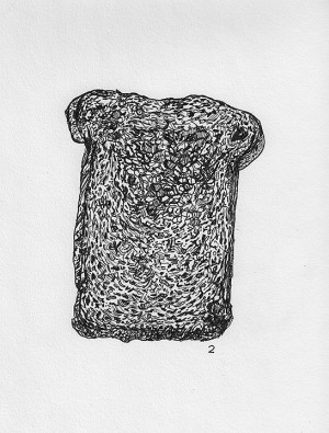 Sam McBride's 365 drawings of toast made daily in 2013 were part of a two-person show, with Clayton Porter, that Cyndi Conn curated at Offroad Productions this spring